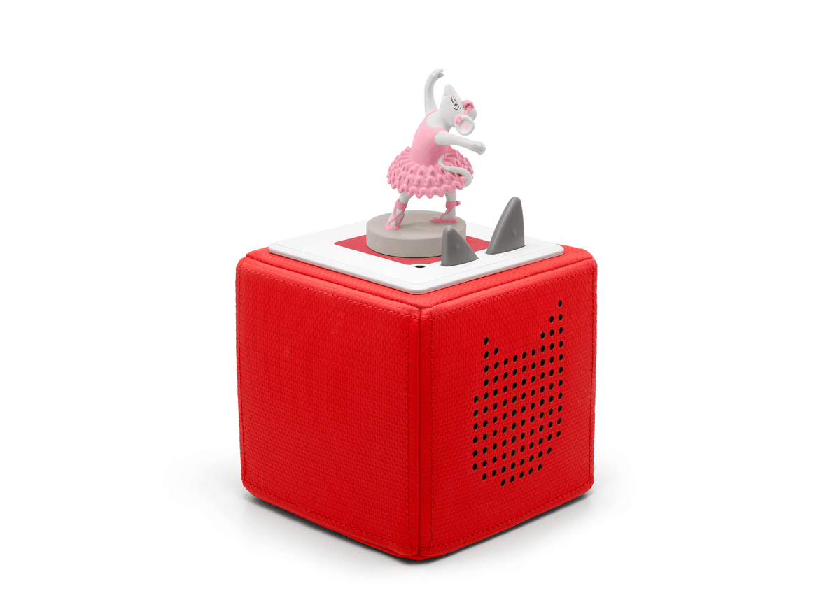 Full view of a Angelina Ballerina Tonie on a red Toniebox
