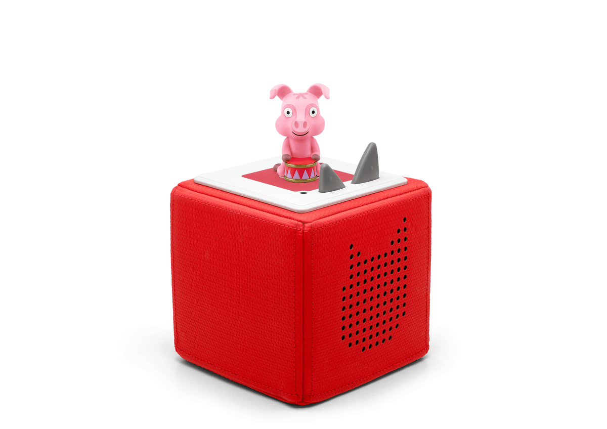 Full view of a Spanish Animal Songs Tonie on a red Toniebox