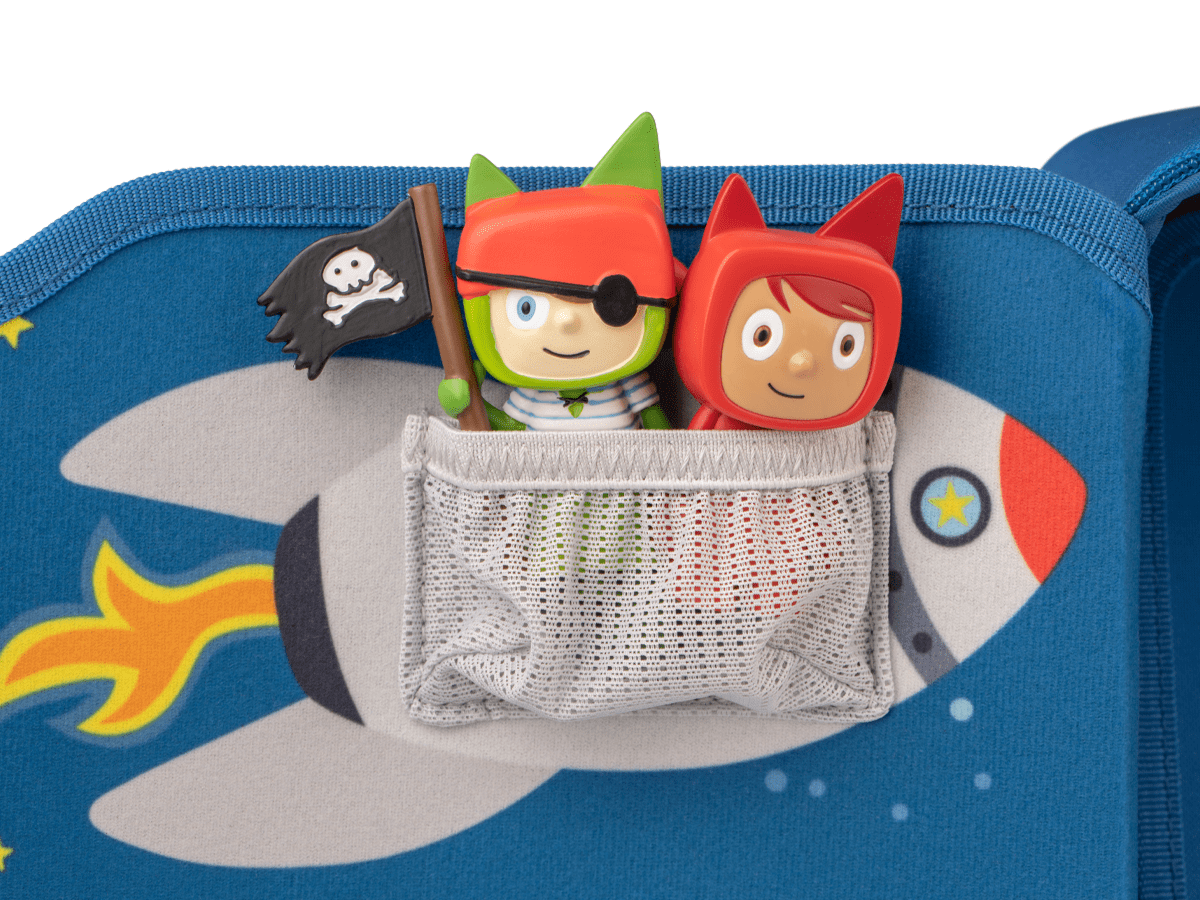 Tonies shown in the pocket of a Carrying Case Max for Tonies - Blast Off