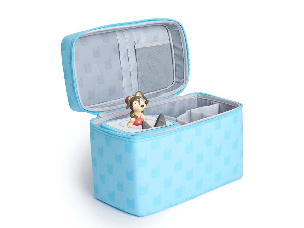 Toniebox All-in-One Carrying Case - Sky Blue open view with a toniebox 2 and playtime puppy tonie inside