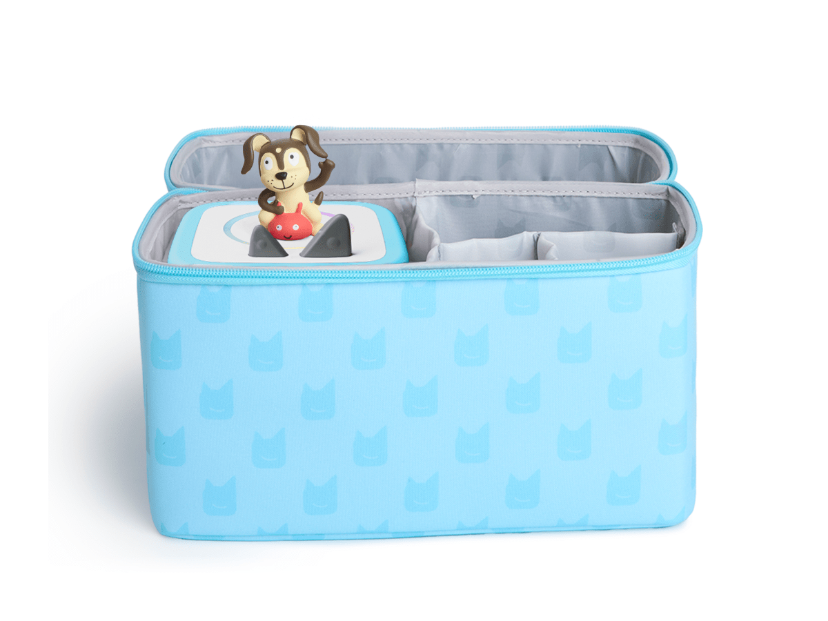 Toniebox All-in-One Carrying Case - Sky Blue open view with a toniebox 2 and playtime puppy inside
