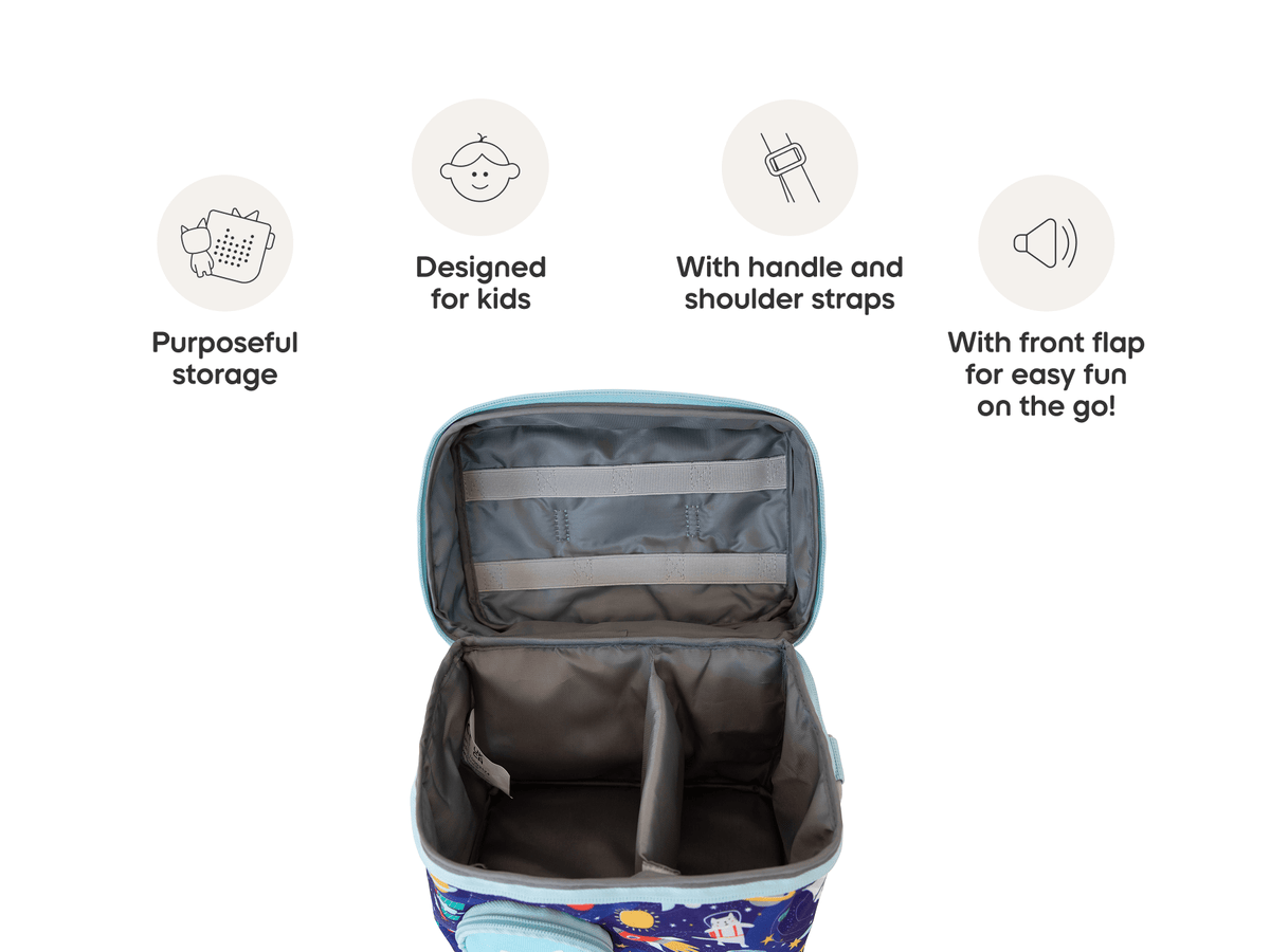 open view and product features of the Listen & Go Bag - Blue Stargazing