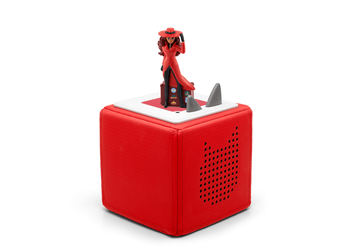 Full view of a Carmen Sandiego Tonie on a red Toniebox