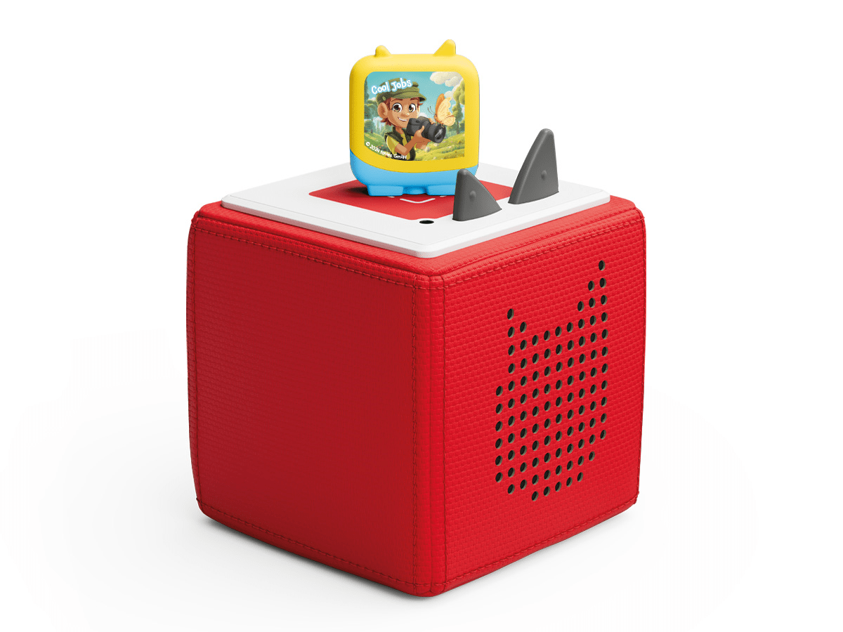 Full view of a Cool Jobs Clever Tonies on a red Toniebox