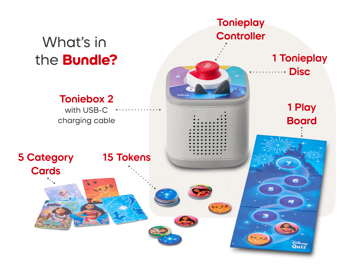 What’s in the bundle? Toniebox 2, tonieplay controller, Disney tonieplay game, and charging cable