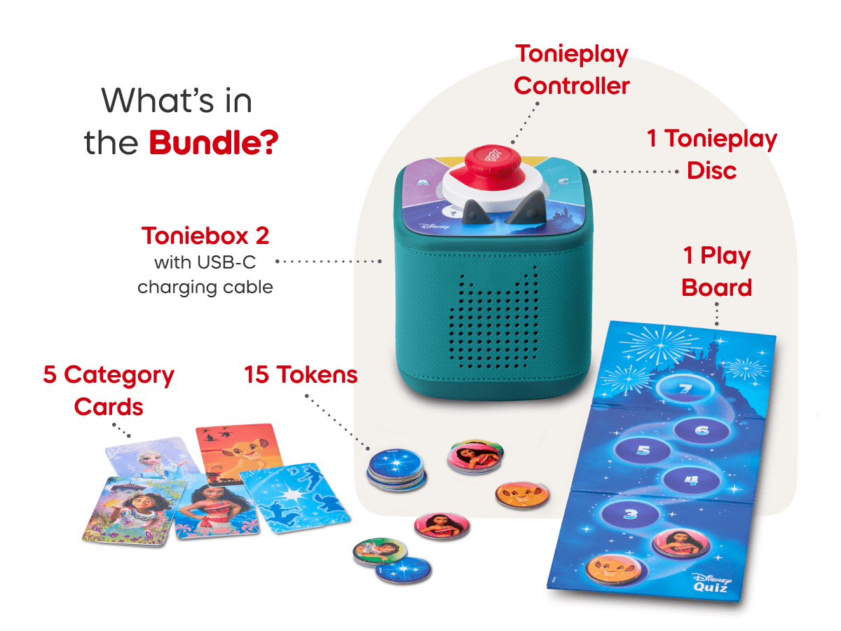 What’s in the bundle? Toniebox 2, tonieplay controller, Disney tonieplay game, and charging cable