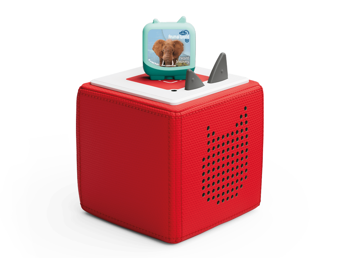 Full View of a Animal World Elephant and Frog Clever Tonie on a Red Toniebox