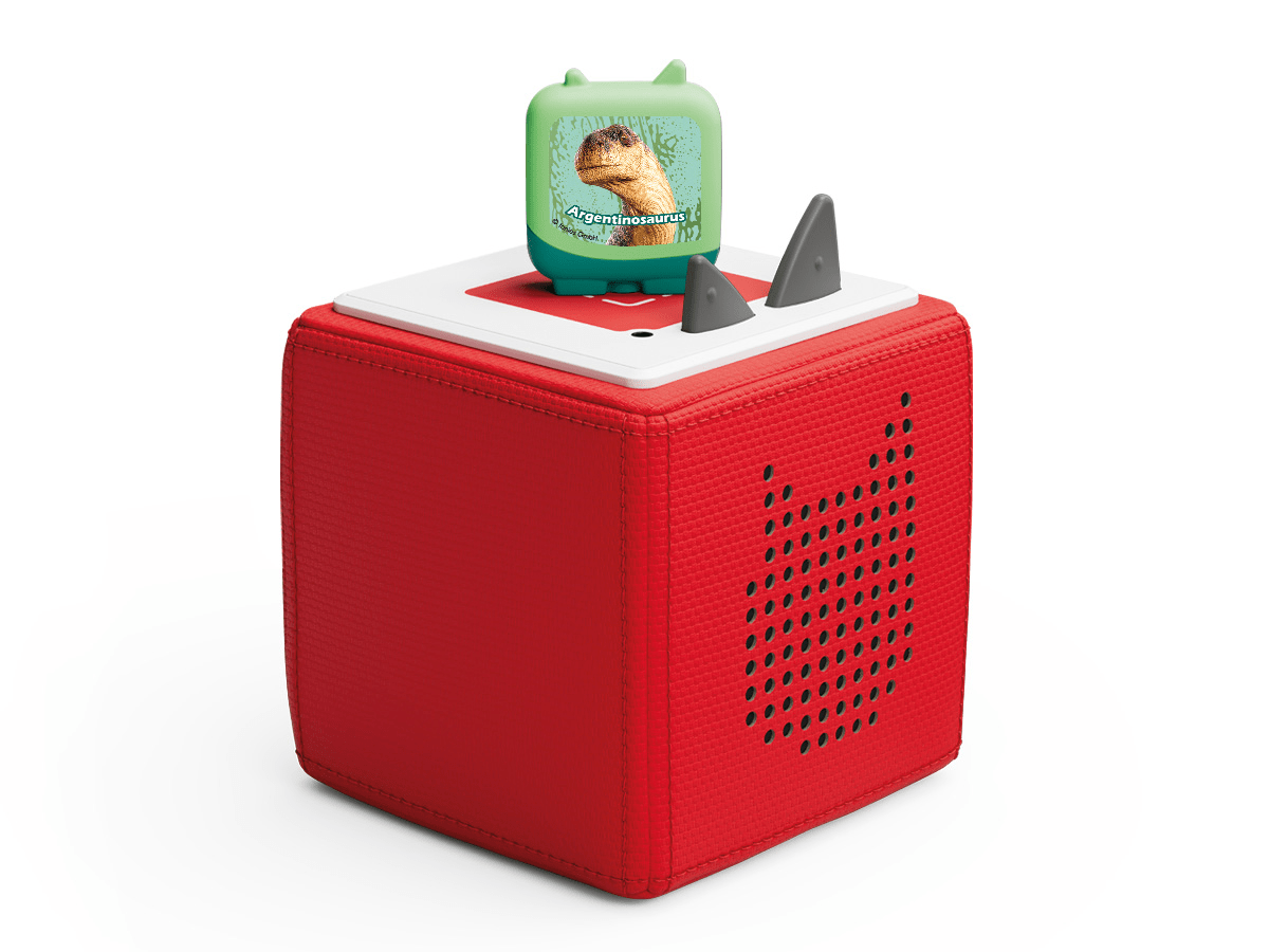 Full view of a Gentle Giant Dinosaurs Clever Tonies on a red Toniebox