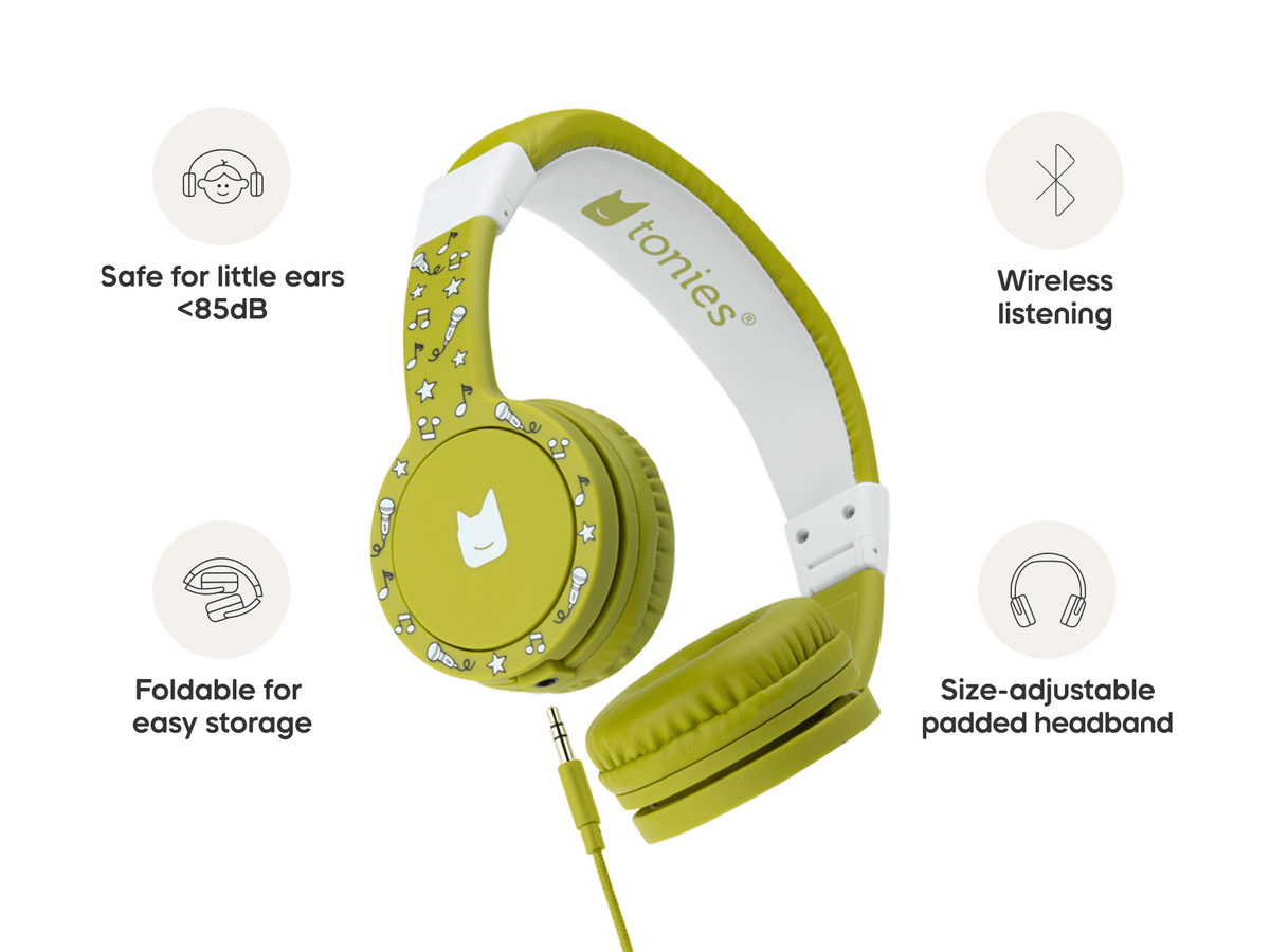 Green wired headphones for kids are safe for little ears and comfy to wear