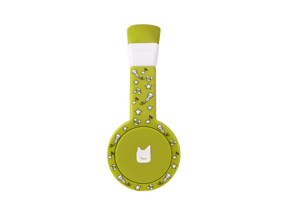 Side view of the green wired headphones for kids with pulsating light illuminated