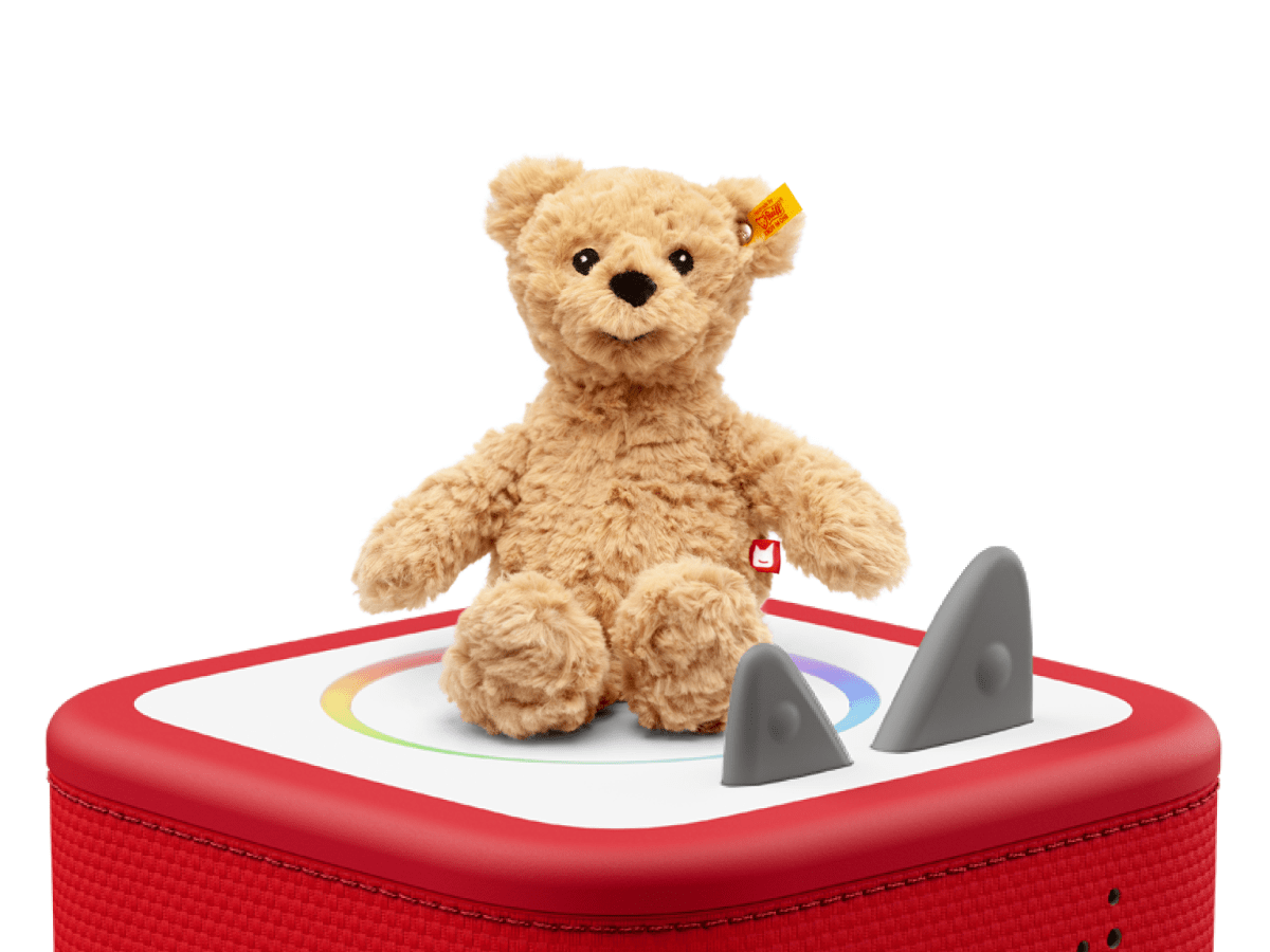tonies® x Steiff Jimmy Bear Plush Tonie on a Red Toniebox