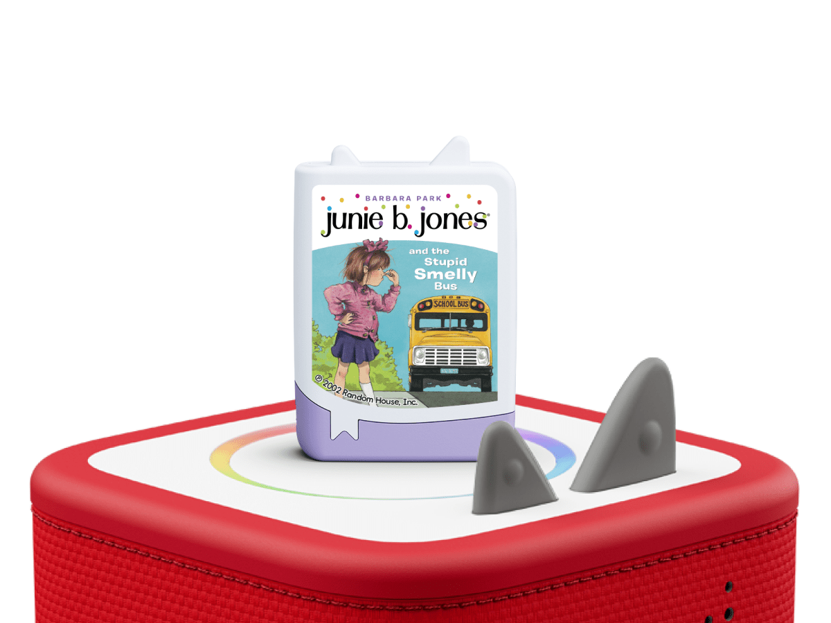 Junie B Jones on a red Toniebox 2 ready to play audio stories and songs