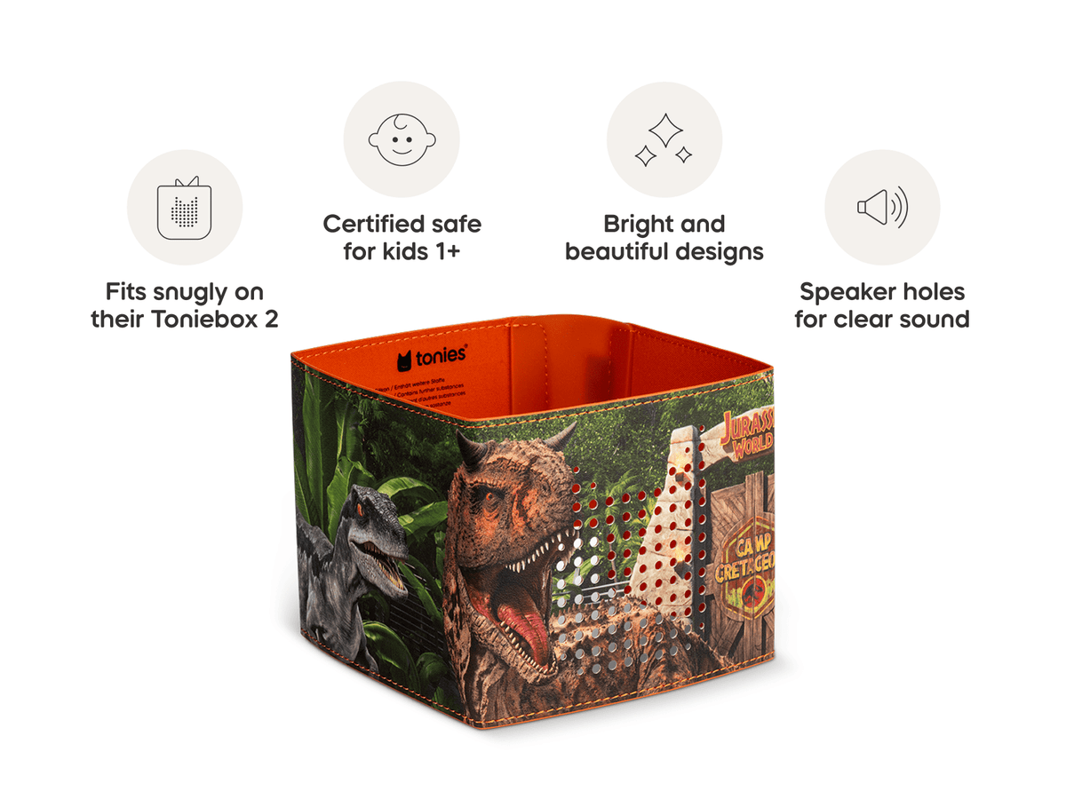 Jurassic Park Sleeve is in our line of sleeves that are compatible with Toniebox 2 which are easy to clean, 1+, and include bright and fun designs