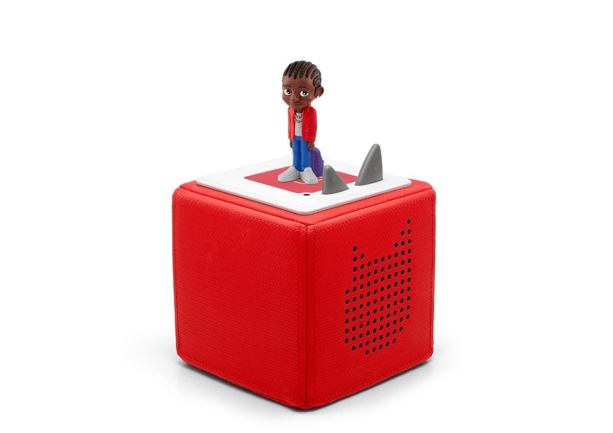 Full view of a KidNation Tonie on a red Toniebox