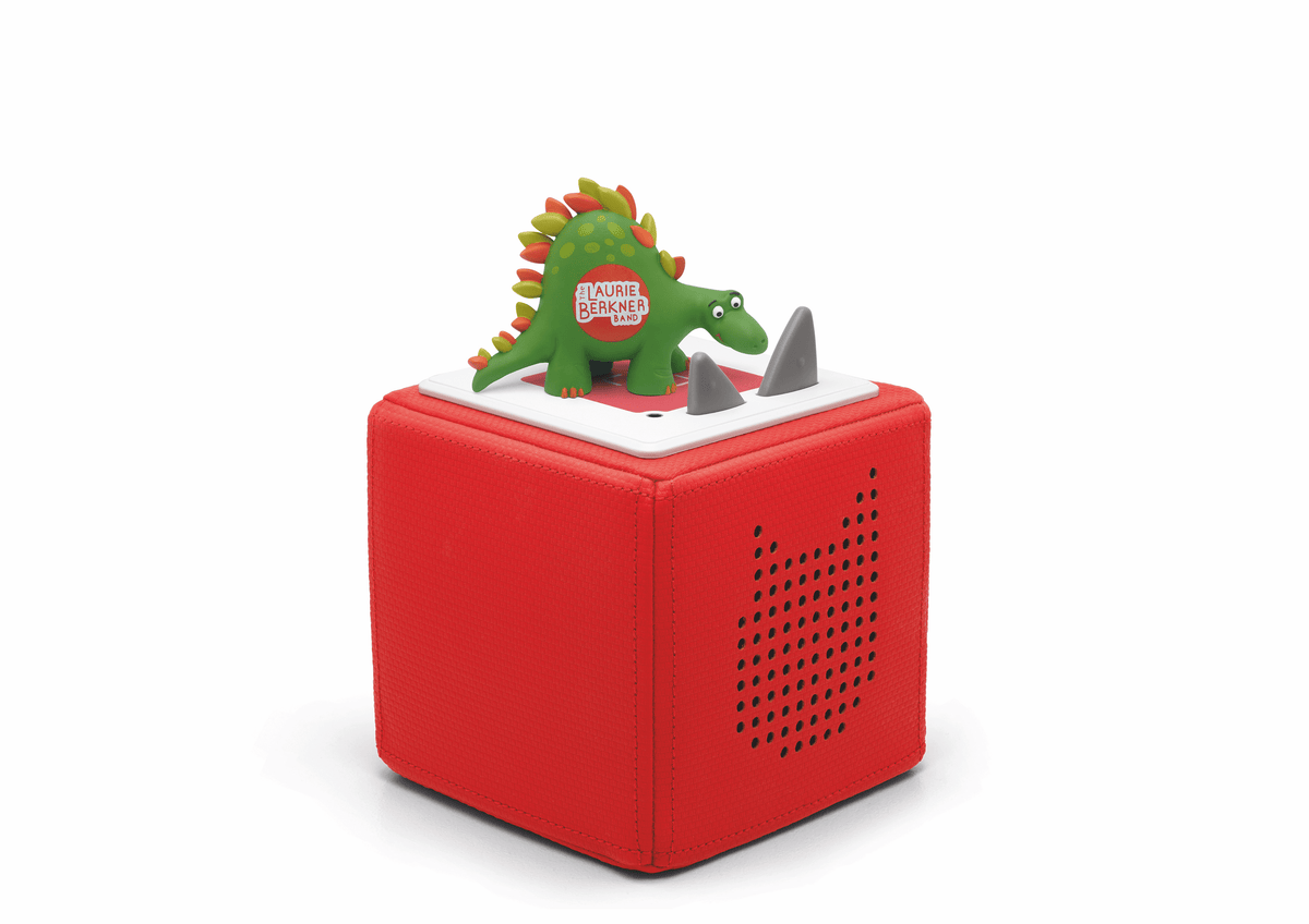 Full view of a Laurie Berkner Dinosaur Tonie on a red Toniebox