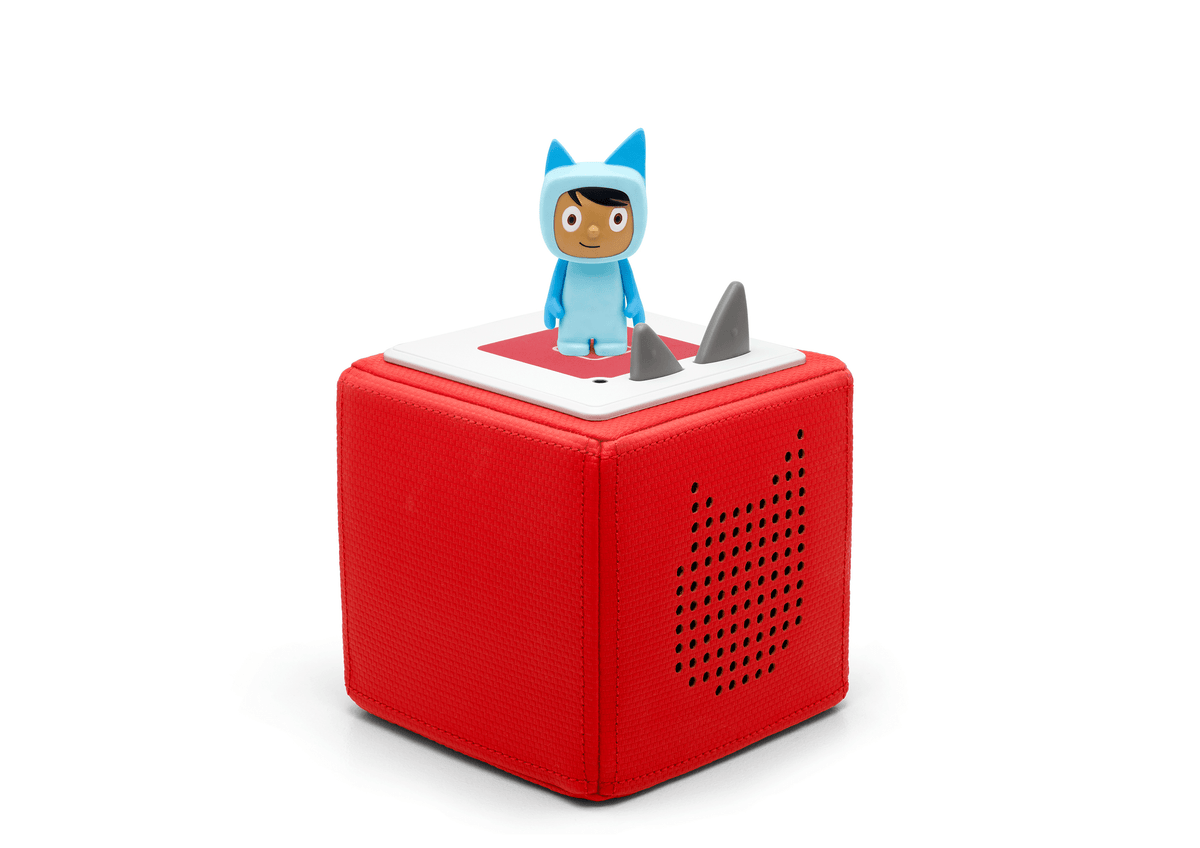 Full view of a Light Blue with Medium Hue Creative-Tonie on a red Toniebox