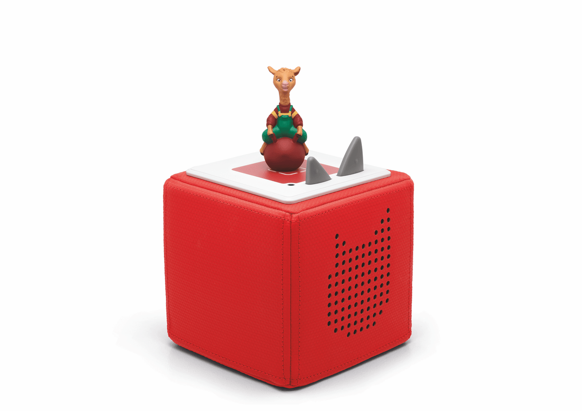 Full view of a Llama Llama Tonie on a red Toniebox