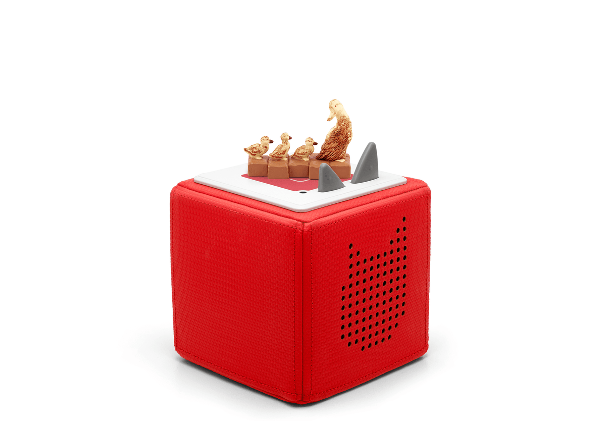 Full view of a Make Way for Ducklings Tonie on a red Toniebox