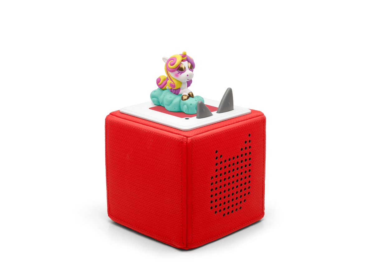 Full view of a Moshi: Fluttercup Tonie on a red Toniebox