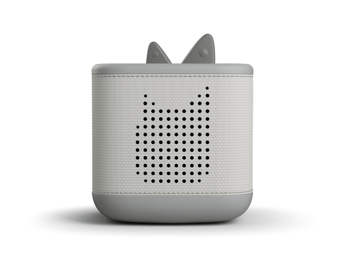 Front view of moon gray Toniebox 2 an audio player for kids, used with Tonie audio figurines and Tonieplay games