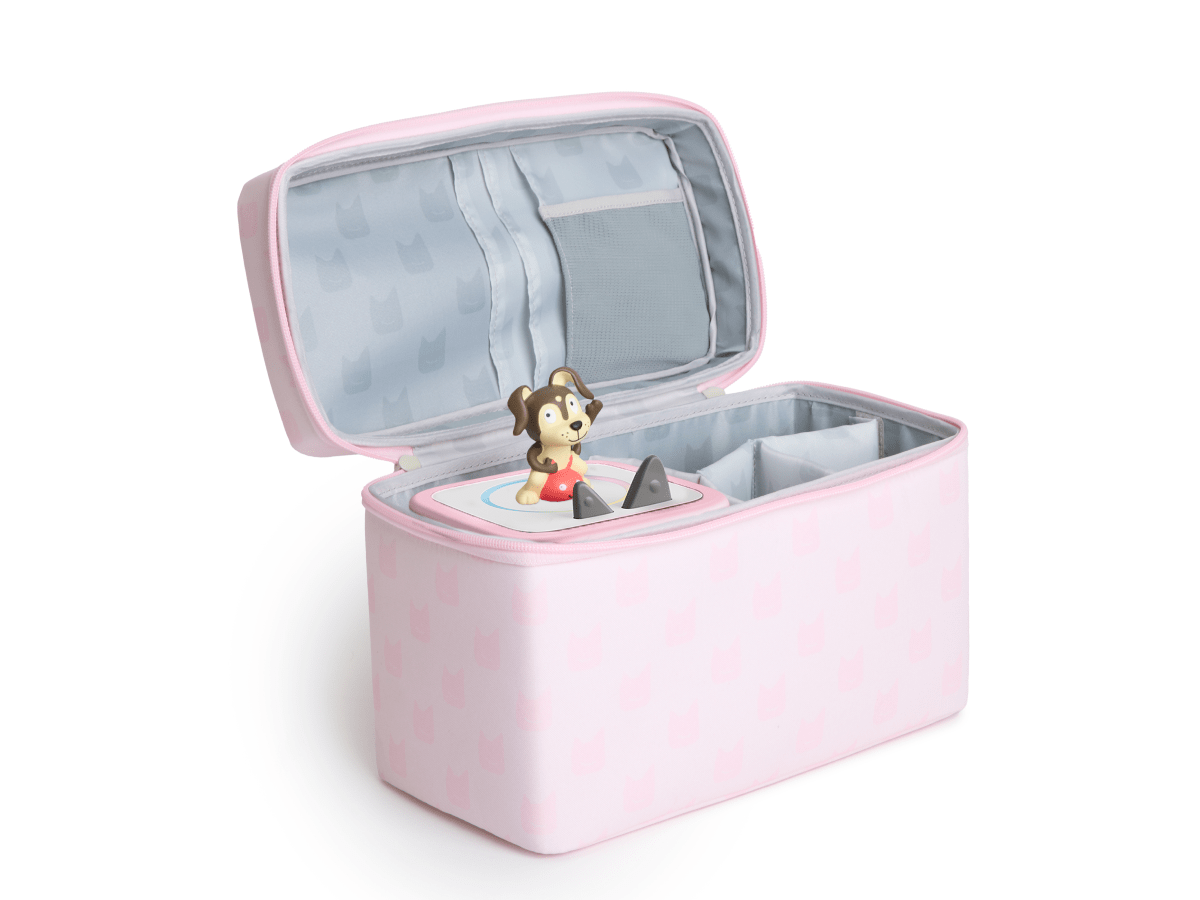 open view of 
Toniebox All-in-One Carrying Case - Cloud Pink with toniebox 2 and playtime puppy
