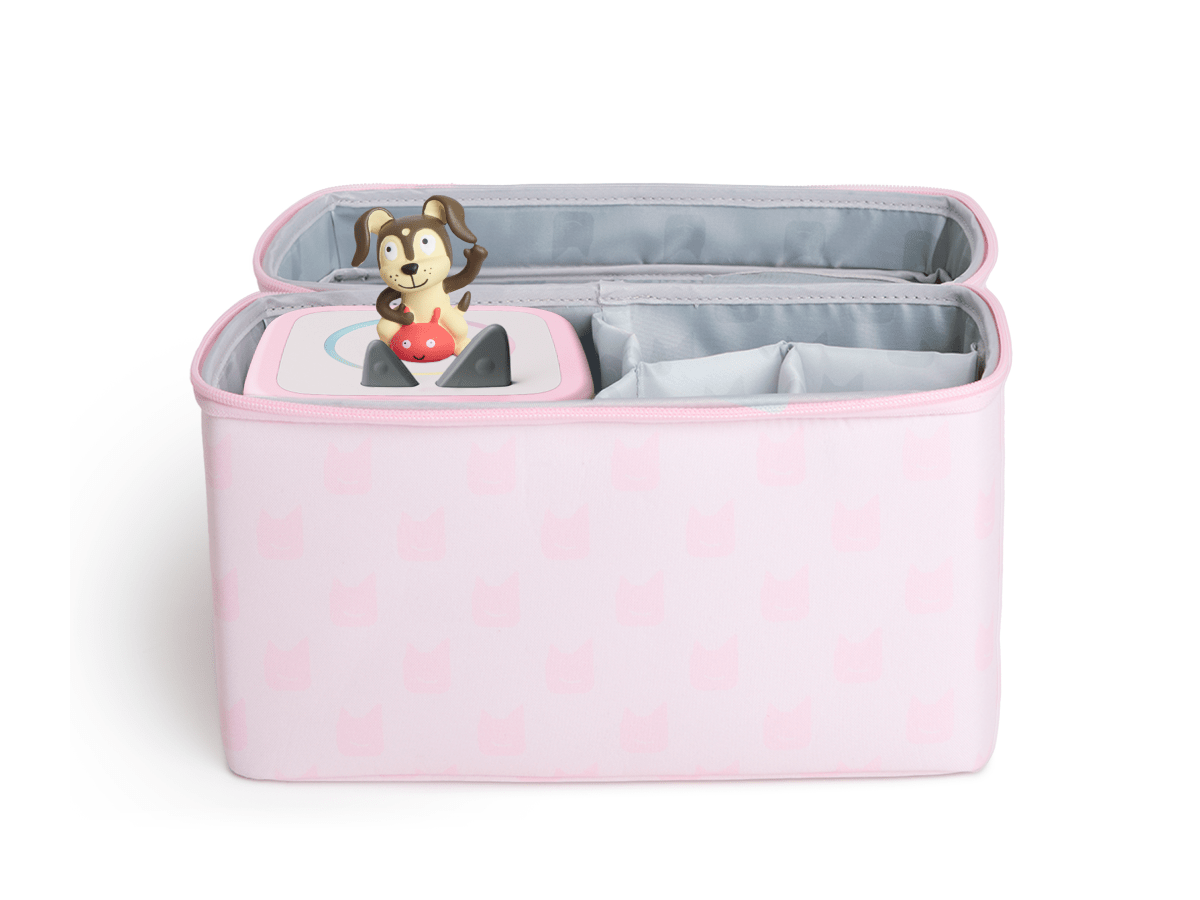 open view of 
Toniebox All-in-One Carrying Case - Cloud Pink with toniebox 2 and playtime puppy