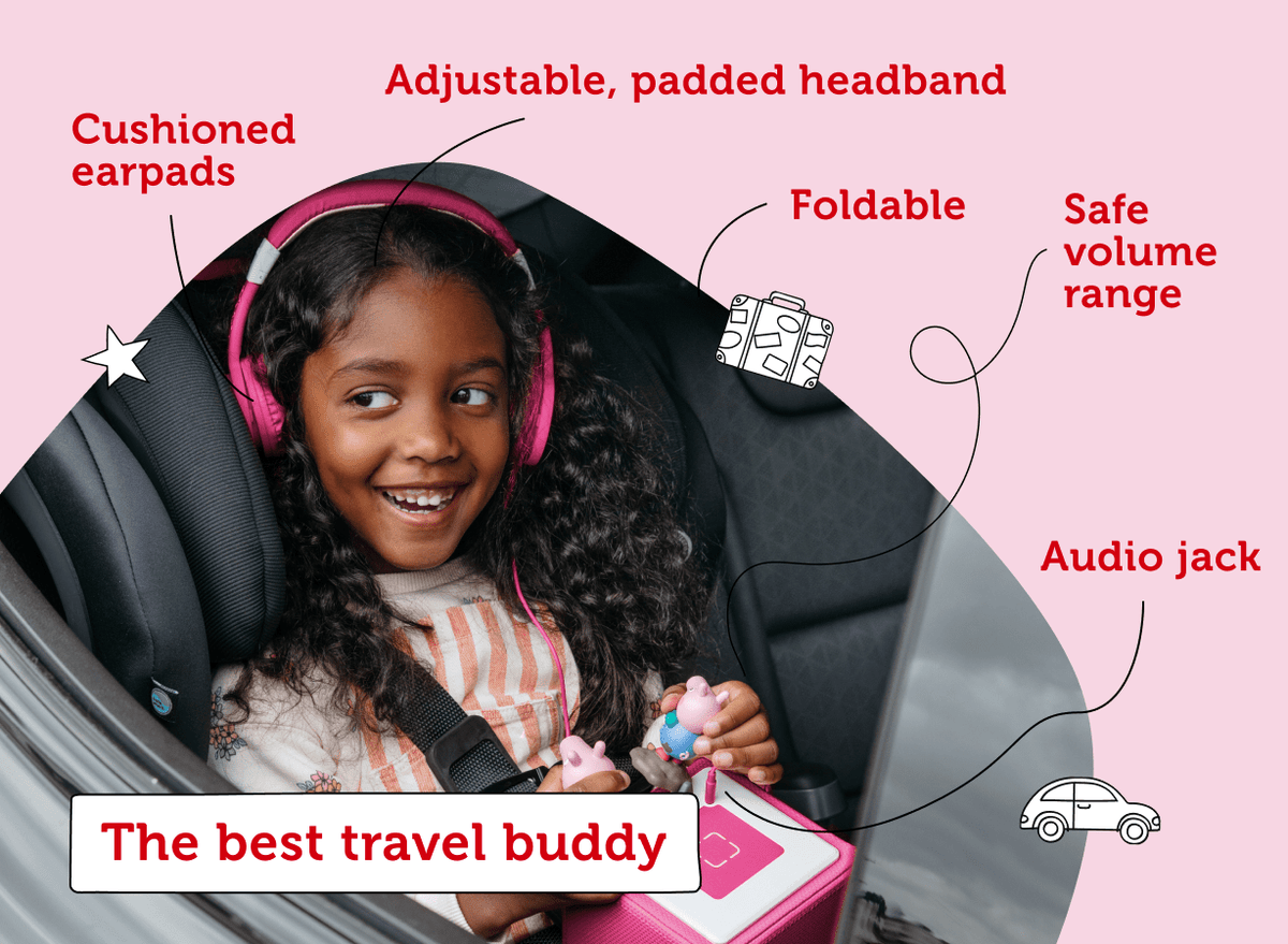 Pink Headphones for Kids with information doodles
