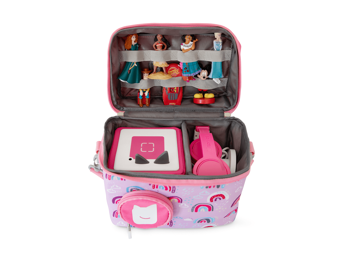 open view with a toniebox and tonie inside of the Listen & Go Bag - Pink Over The Rainbow