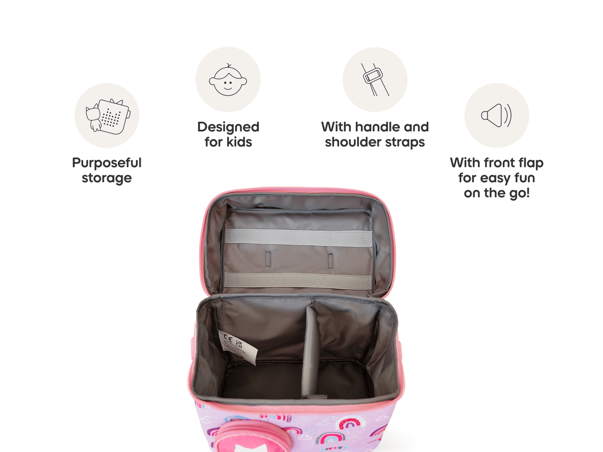 open view and product features of the Listen & Go Bag - Pink Over The Rainbow