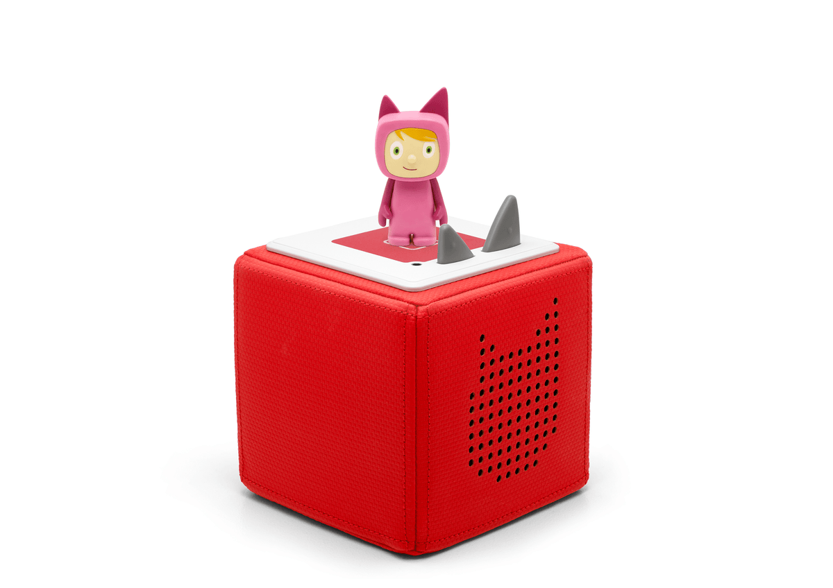 Full view of a Pink with Light Hue Creative-Tonie on a red Toniebox