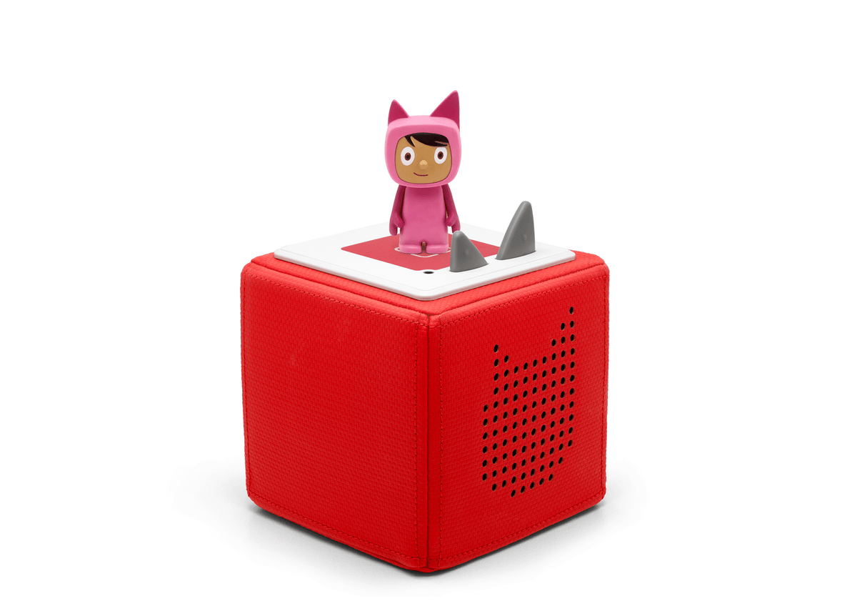 Full view of a Pink with Medium Hue Creative-Tonie on a red Toniebox