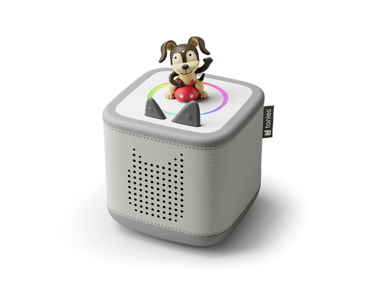 Moon Gray Toniebox 2, an audio player for kids with Playtime Puppy Tonie audio figurine
