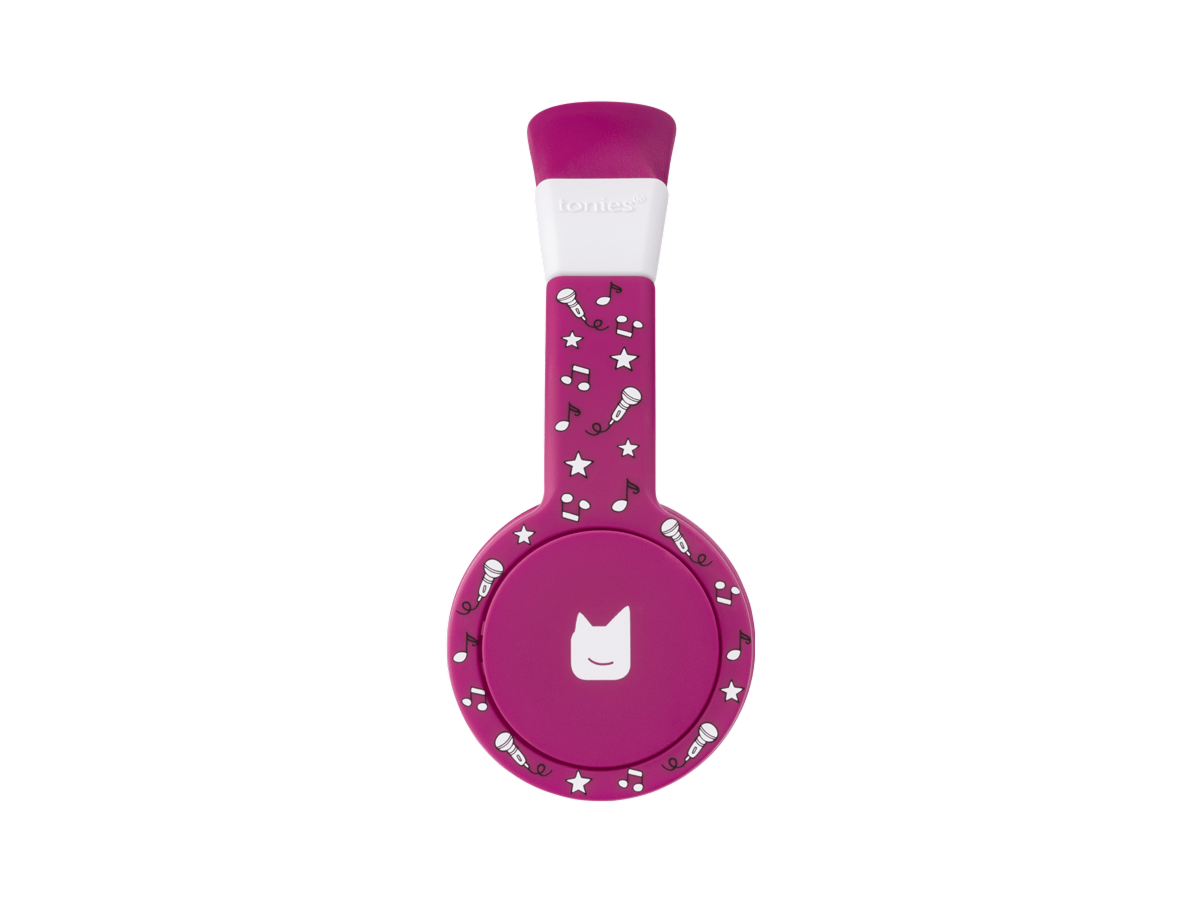 Side view of the purple wired headphones for kids with pulsating light illuminated