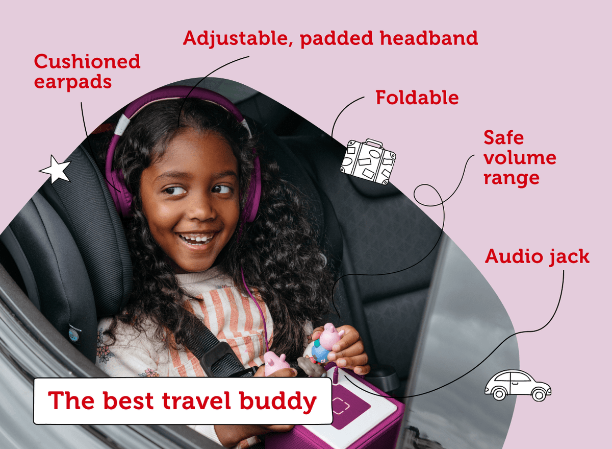 Purple Headphones for Kids with information doodles