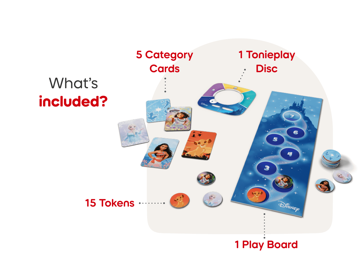 Disney Quiz Kingdom includes Tonieplay Disc, Category Cards, 15 tokens, 1 play board