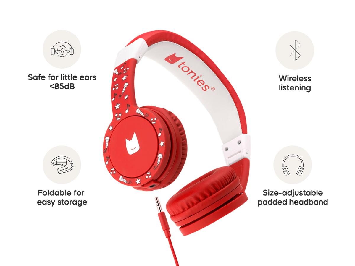 Red wired headphones for kids are safe for little ears and comfy to wear