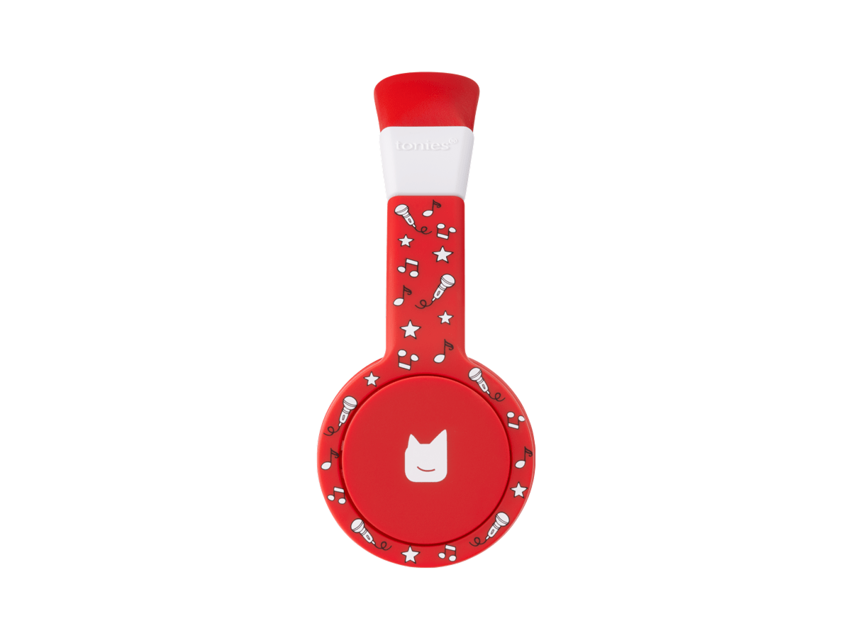 Side view of the red wired headphones for kids with pulsating light illuminated