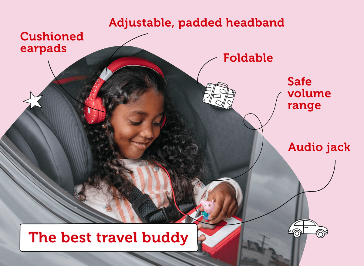 Red Headphones for Kids with information doodles