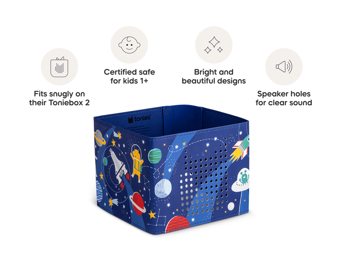 Space Sleeve is in our line of sleeves that are compatible with Toniebox 2 which are easy to clean, 1+, and include bright and fun designs
