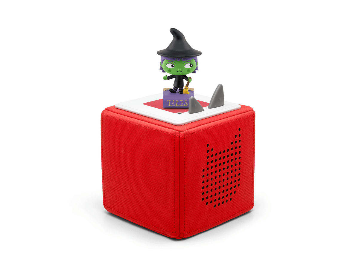 Full view of a Favorite Tales: Spooky Tales Tonie on a red Toniebox