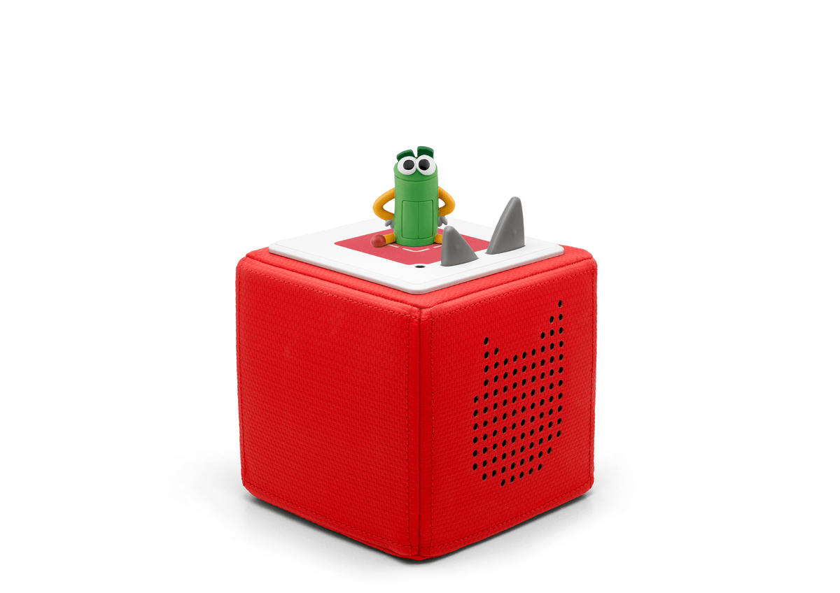 Full view of a Ask the StoryBots: Beep Tonie on a red Toniebox