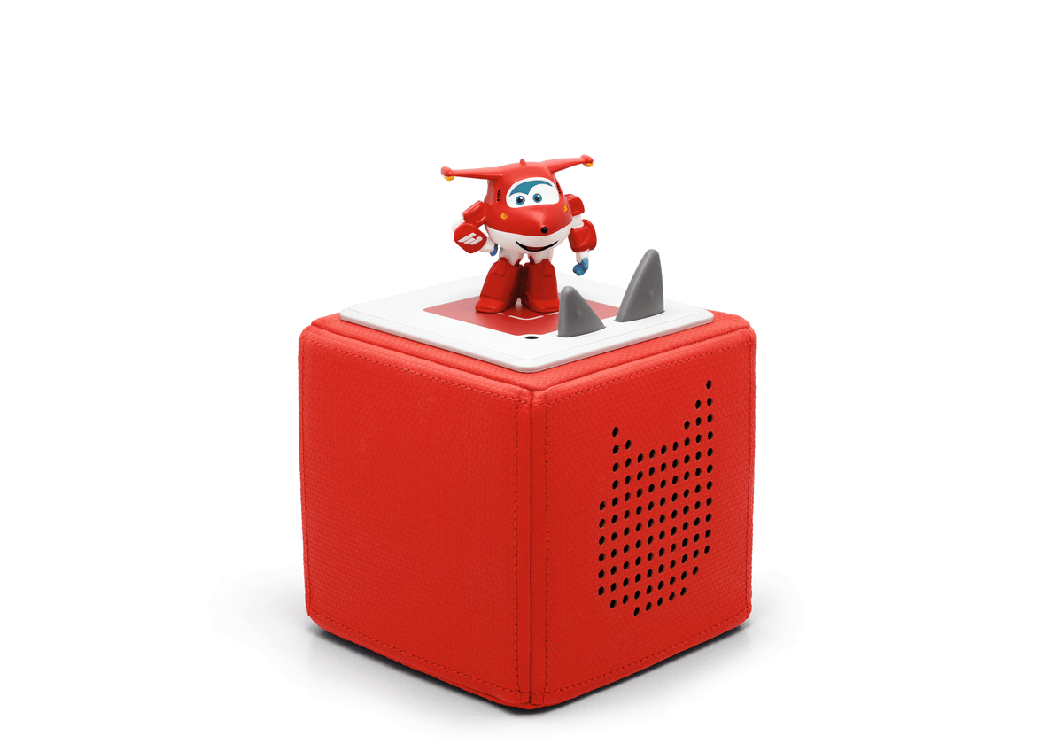 Full view of a Super Wings Tonie on a red Toniebox