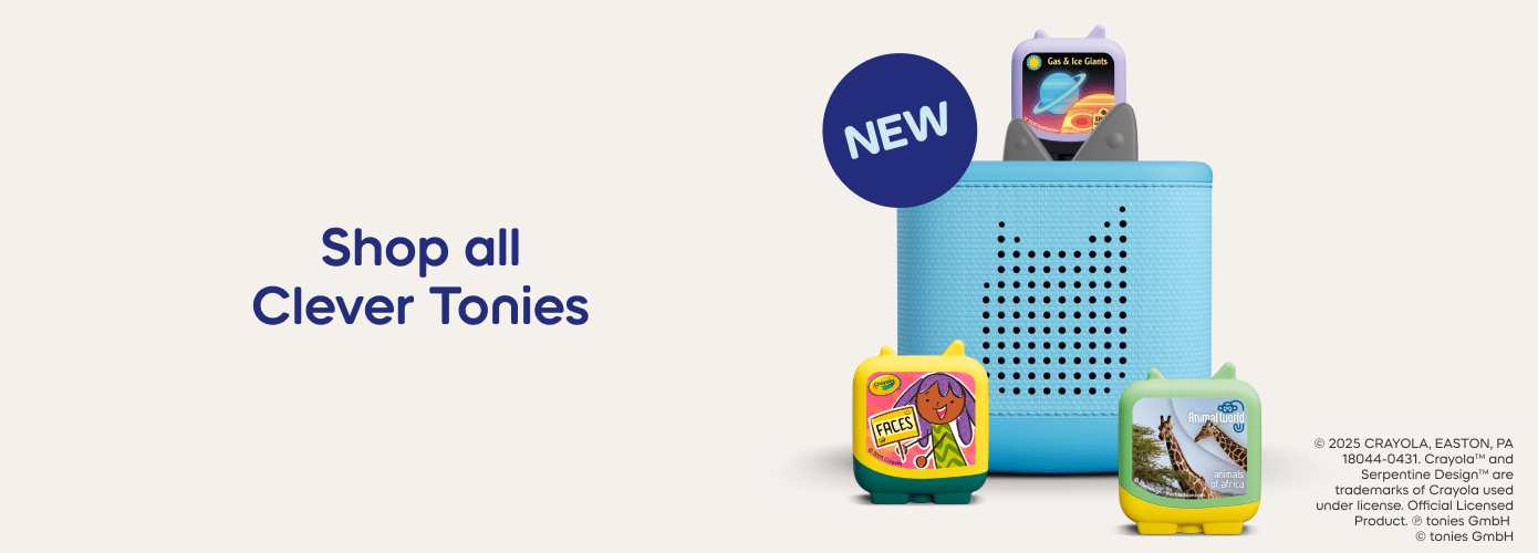 Promotional banner for Clever Tonies with new Clever Tonies and a blue Toniebox 2
