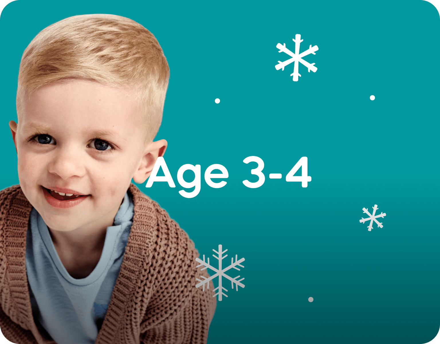Young boy with blonde hair and a brown sweater against a teal background with snowflake graphics and 'Age 3-4' text.