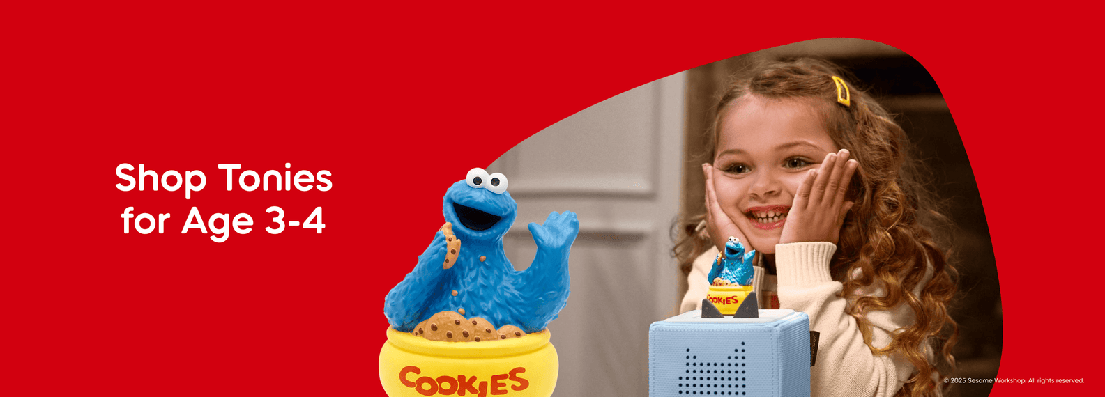 Shop Tonies for Age 3-4 text with a child listening to the Cookie Monster Tonie on a Toniebox