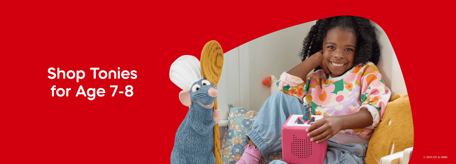 Shop Tonies for Age 7-8 text with child listening to Ratatouille Tonie on a Toniebox
