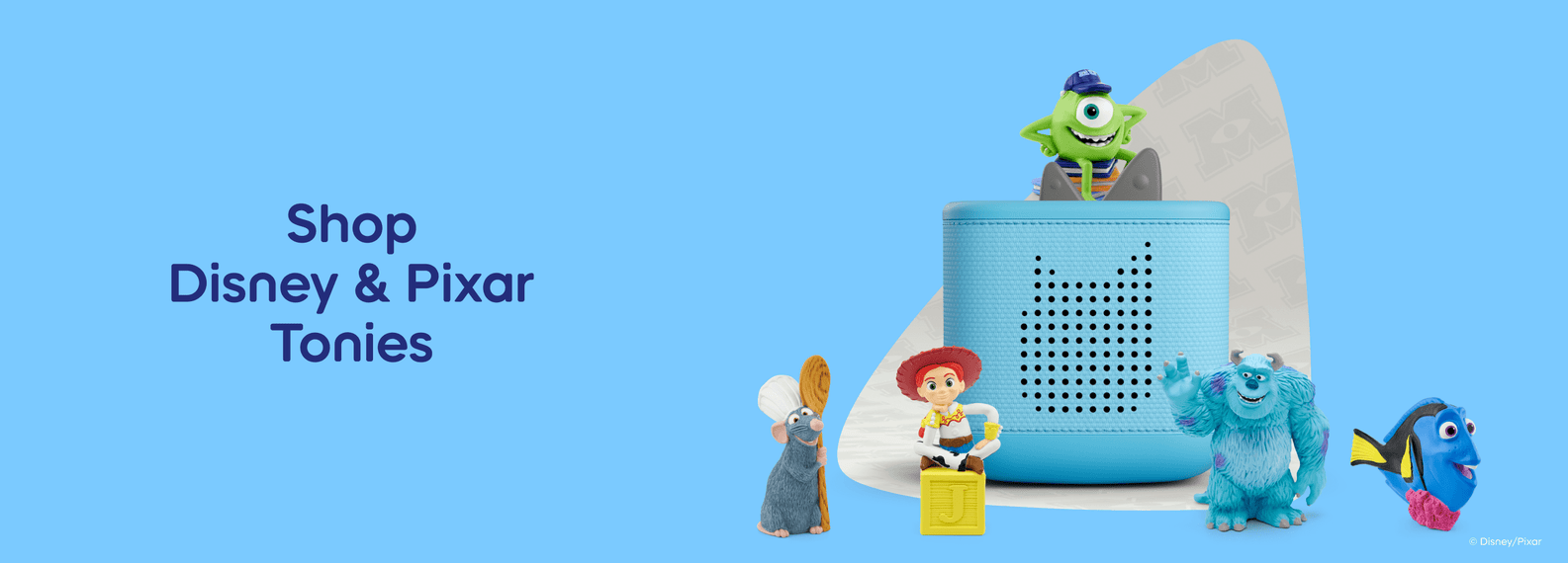 Disney and Pixar Tonies with a blue Toniebox 2
