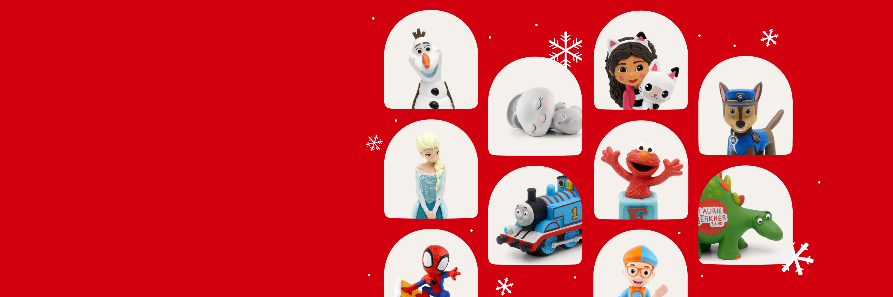 Collection of Tonies with a red background with snowflakes