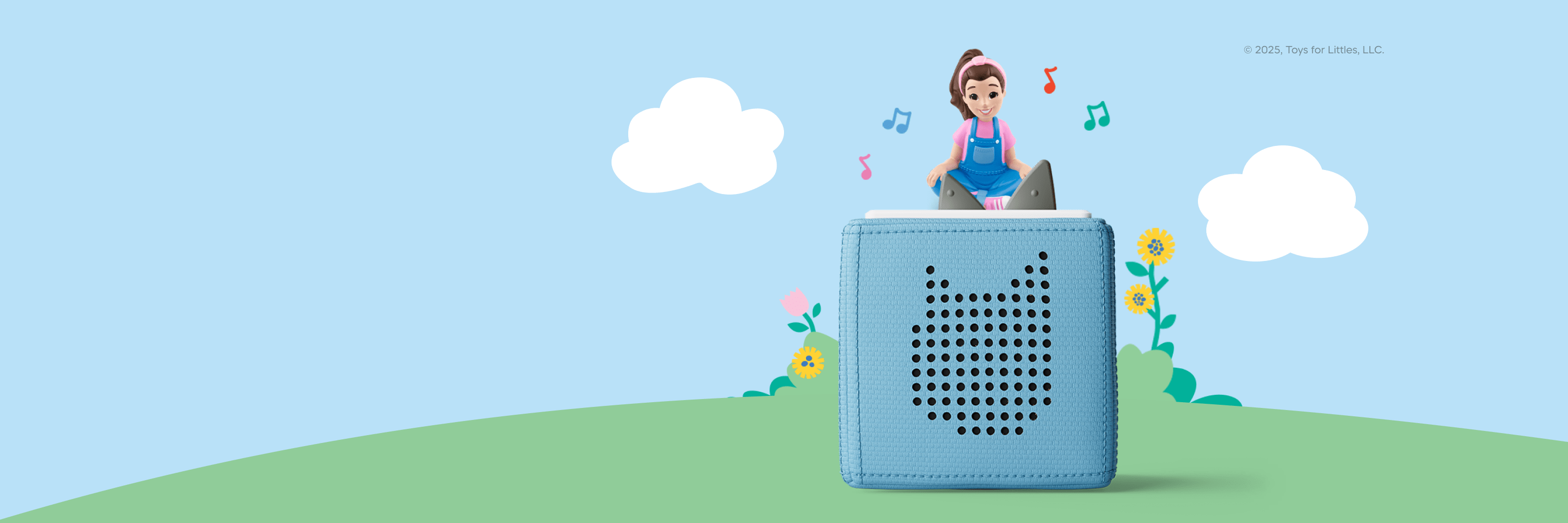 Ms Rachel on a blue toniebox with nature and music note illustrations