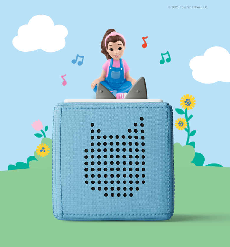 Ms Rachel on a blue toniebox with nature and music note illustrations